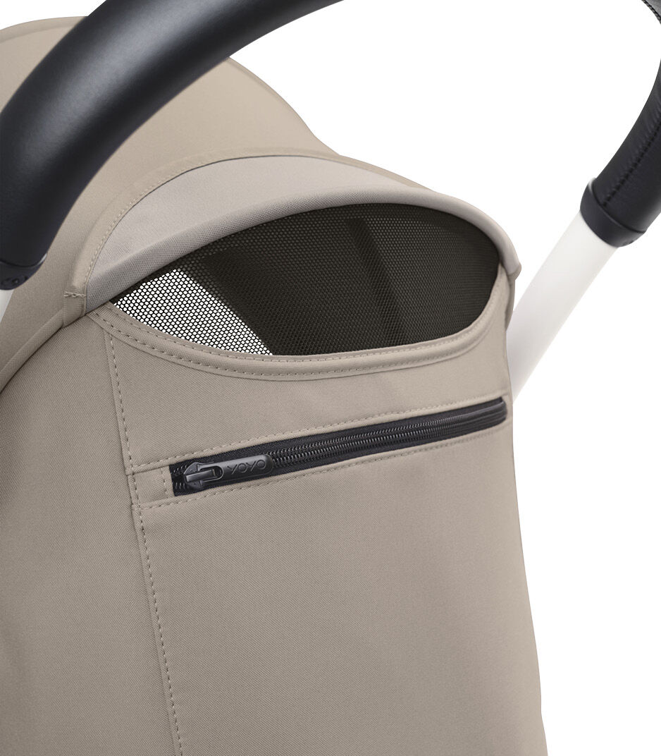 Stokke® YOYO3® 6+ Taupe. White Frame. Canopy ventilation open, close-up. galery image 6